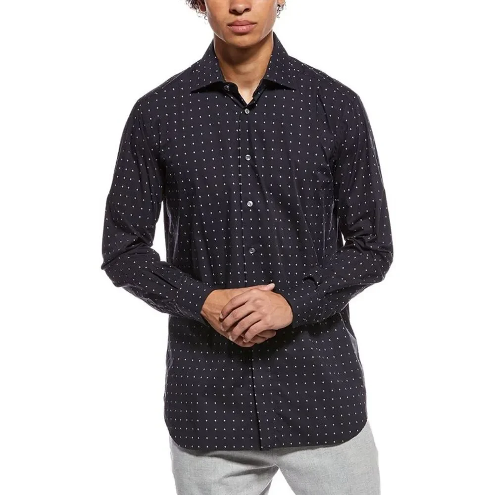 Brioni Mens Micro Dot Cotton Sport Shirt, Navy